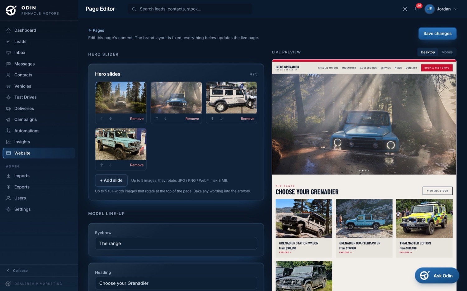 Dealer websites with a true live-preview editor