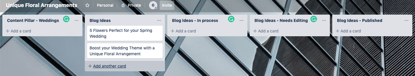 Tools for blogging: Trello blog post funnel for fictional client