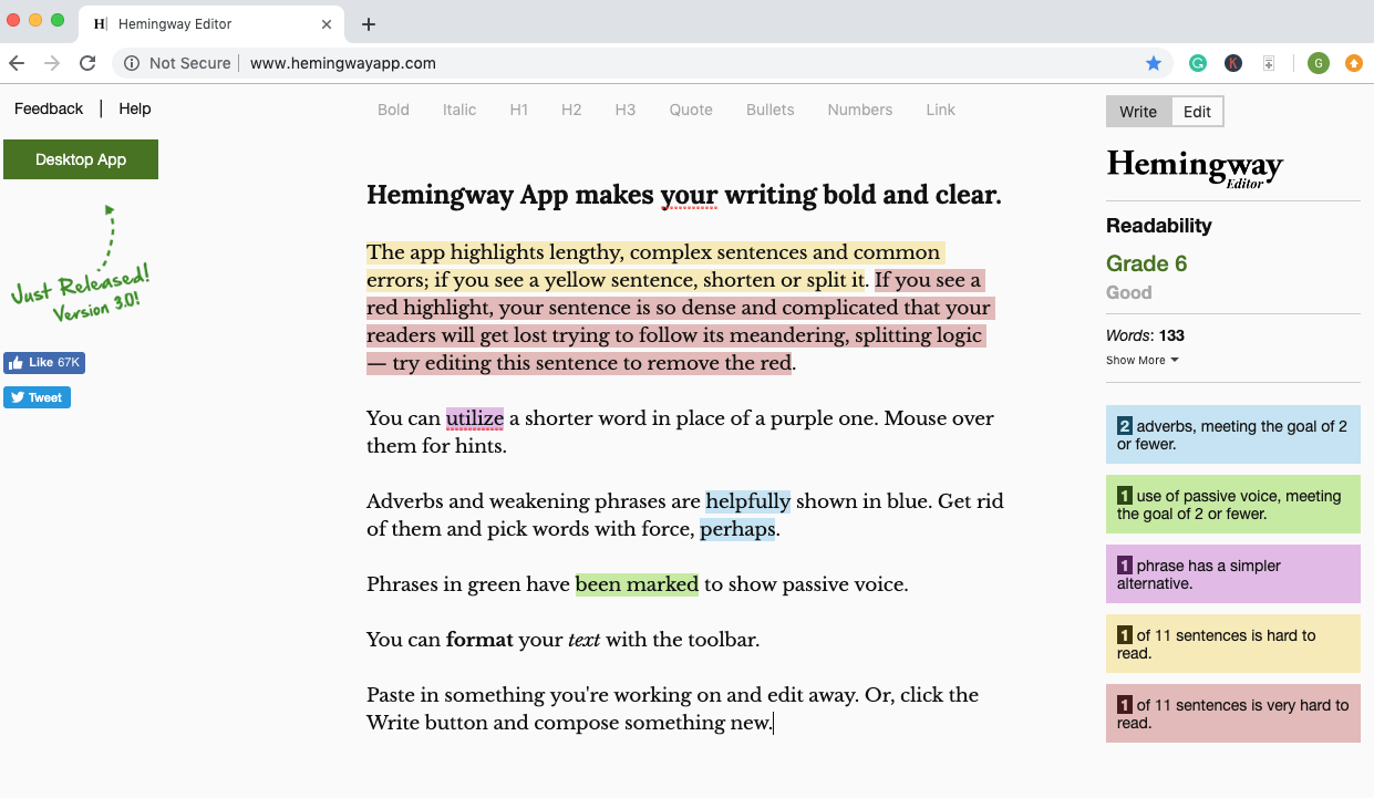 Tools for blogging: Screenshot of Hemingway App homepage