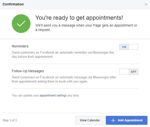 Facebook appointments 'Add appointment' button