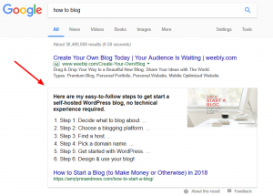 Shows google search of "how to blog" and a featured snippet explaining the blog.