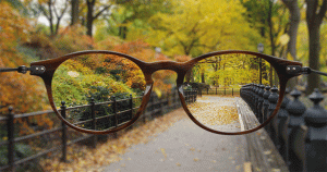 Example of a cinemagraph, close of of glasses with leaves falling behind it.