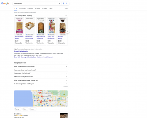 Google search result showing Google search for 'bread' showing links to 'Google Shopping and 'Maps' before organic SEO results.