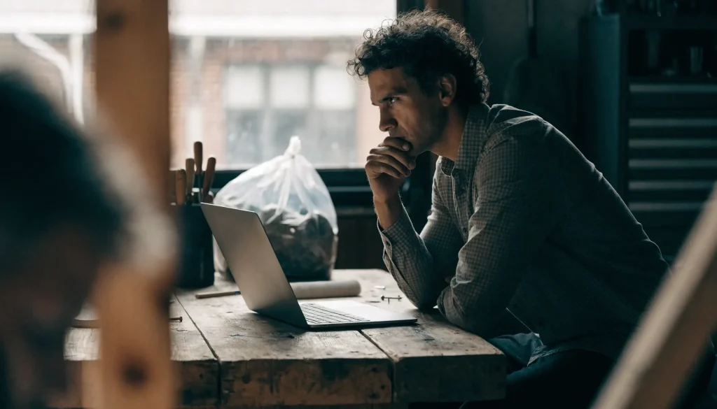 Small business owner considering his marketing at a workshop workbench