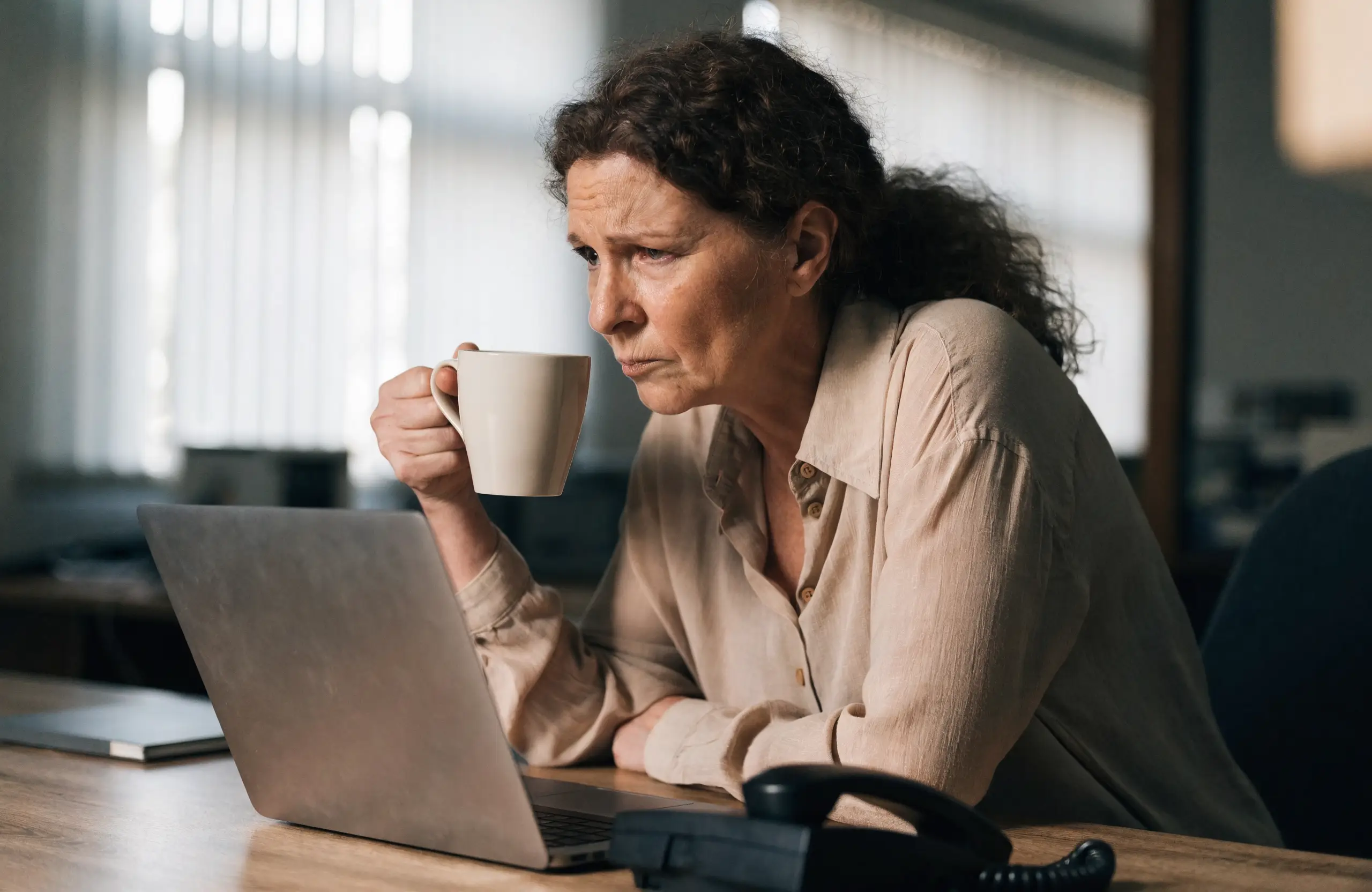 seo-vanity-metrics-what-to-ignore - Caffeinate Digital Business owner reviewing a marketing report sceptically over coffee