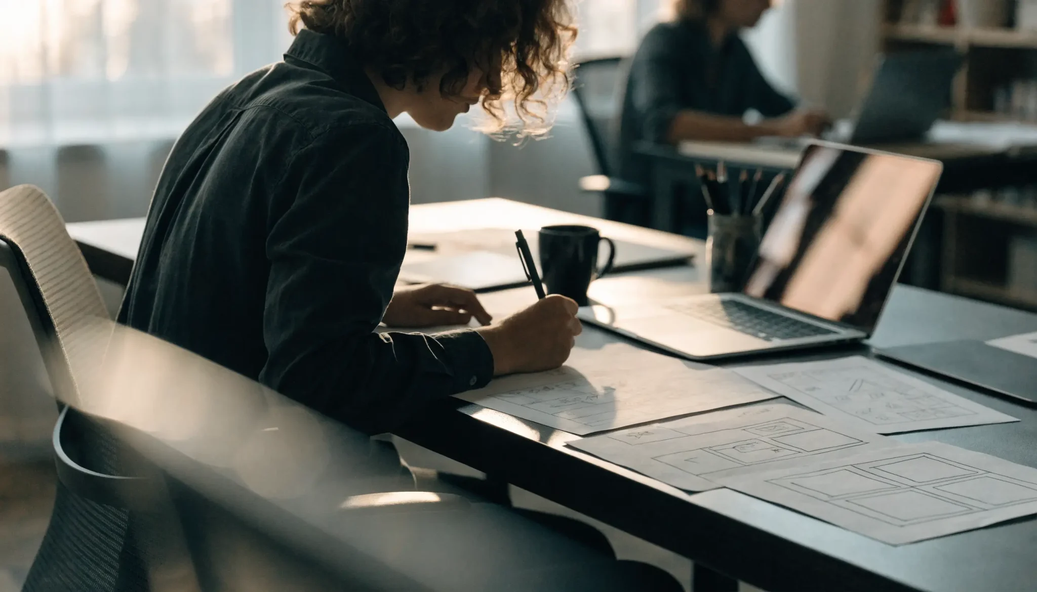 Web designer sketching website layouts at a studio desk