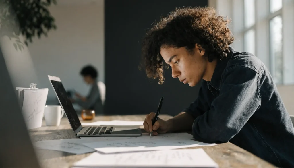 google-vs-facebook-ads-planning - Caffeinate Digital Marketing strategist planning an advertising campaign at a desk